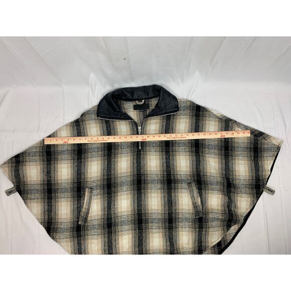 Blank NYC Checked Out Plaid Poncho Cape Jacket Quarter Zip Vegan Leather Collar - Picture 12 of 12